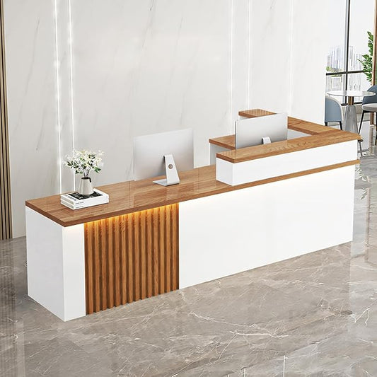 Receptionist Desk with LED Light，Wooden Salon Checkout Counter with Storage Drawer & Keyboard Tray Modern L-Shaped Reception Desk for Barbershop Office Company Store