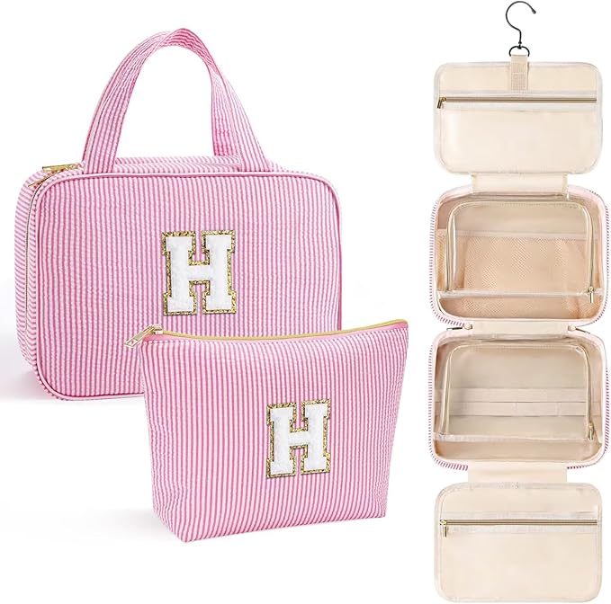 YOOLIFE Travel Toiletry Bag for Women - Hanging Toiletry Bag, Personalized Initial Toiletry Bags for Traveling Women, Portable Travel Toiletry Bag for Toiletries, Cosmetics - Letter H,Pink
