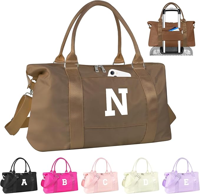 Birthday Graduation Gifts for Daughter,Initial Travel Duffel Bag Sports Gym Bag for Girls Teen Kids Birthday Gifts,Personalized Weekender Bag Carry On Tote Bags Cute Overnight Bag for Women(Brown, N)