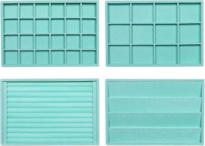 Frebeauty Stackable Velvet Jewelry Organizer Trays for Drawers Inserts Jewelry Storage Tray Display Case, Stud Earrings Bracelets Necklace Rings Accessories Trays for Women(Set of 4)(Turquoise)