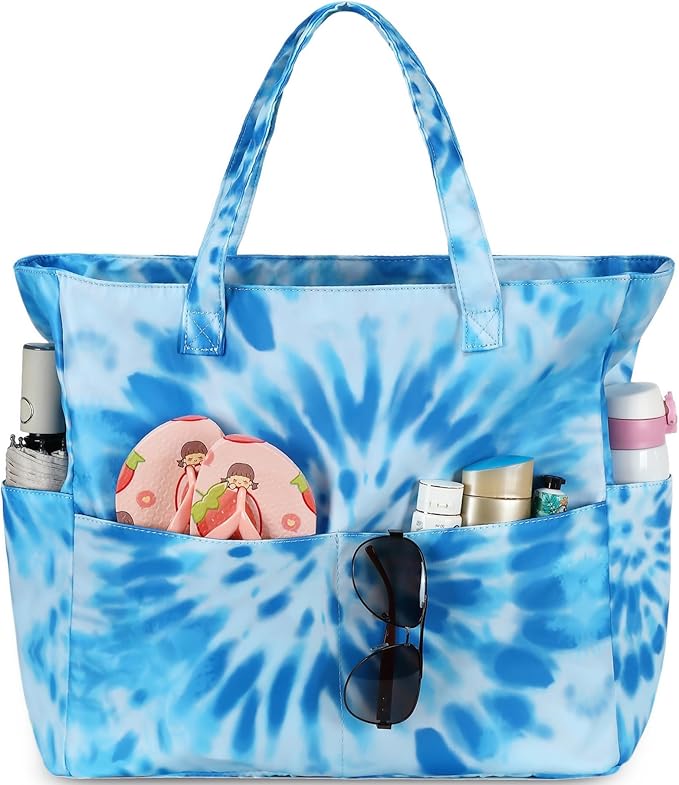 LEDAOU Large Beach Tote Bag Women Waterproof Sandproof Zipper Beach Tote Bag for Pool Gym Grocery Travel with Wet Pocket