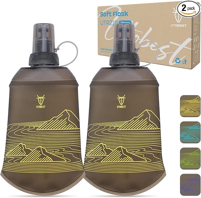 UTOBEST 200ml Soft Flask, 2 Pack Flexible TPU Hydration Water Bottle, Collapsible with 28mm Caliber for Running, Hiking, Cycling, Climbing, and Marathon Yellow