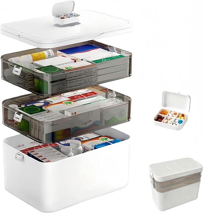 3-Tier Medicine Organizer with Detachable Pill Box, First Aid Kit with Handle, Portable Multipurpose Plastic Medical Box for Home, Travel, and Family Emergencies（White）