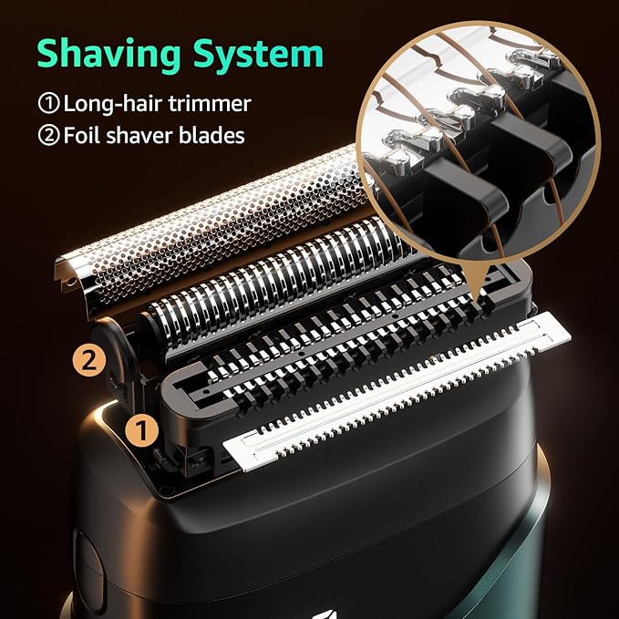 Electric Foil Shavers for Men, Mini Electric Razor, Compact Face Shaver, IPX7 Waterproof Wet Dry Cordless Razor, LED Display, USB-C Fast Rechargeable, Emerald Green