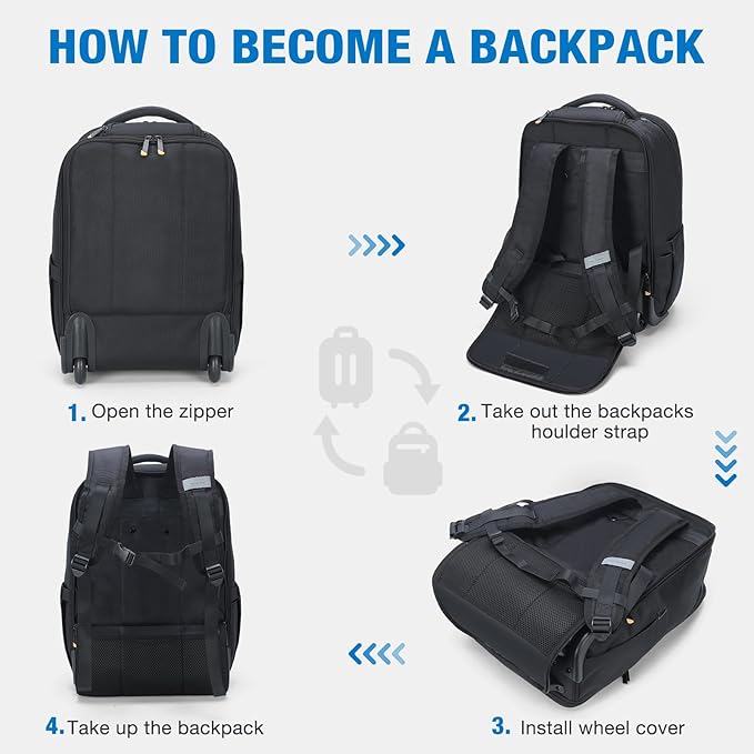 Rolling Backpack, 15.6 inch Laptop Backpack with Wheels, Flight Approved Water Resistant Underseat Carry on Lugagge Wheeled Bag for Men Women Adults, Black