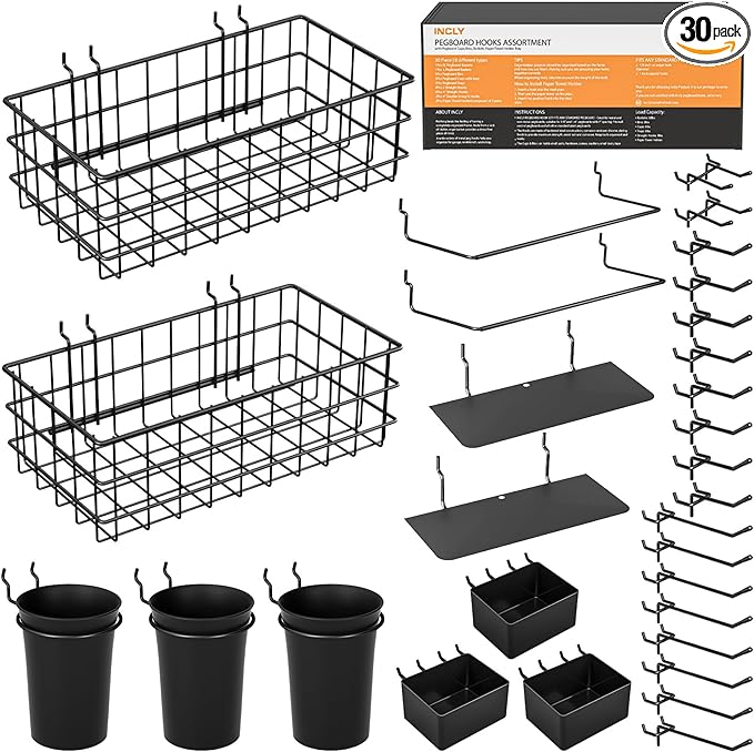 INCLY 30PCS Peg Board Organizer Accessories Kit, Pegboard Hooks Assortment with Bins, Cups, Wire Baskets and Paper Towel Holder for 1/8“ and 1/4” Pegboard Garage Workbench Craft Room Organizing Tools