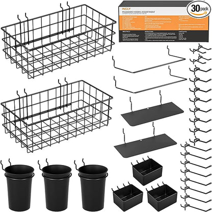 INCLY 30PCS Peg Board Organizer Accessories Kit, Pegboard Hooks Assortment with Bins, Cups, Wire Baskets and Paper Towel Holder for 1/8“ and 1/4” Pegboard Garage Workbench Craft Room Organizing Tools