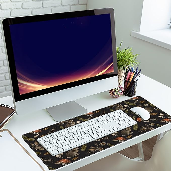 Desk Mat,Mystical Hare with Mushroom Gaming Mouse Pad,XXL Extended Mouse Pad Mat for Office,Computer,Keyboard with Non-Slip Base Stitched Eges Mousepad 35.4x15.75 inch