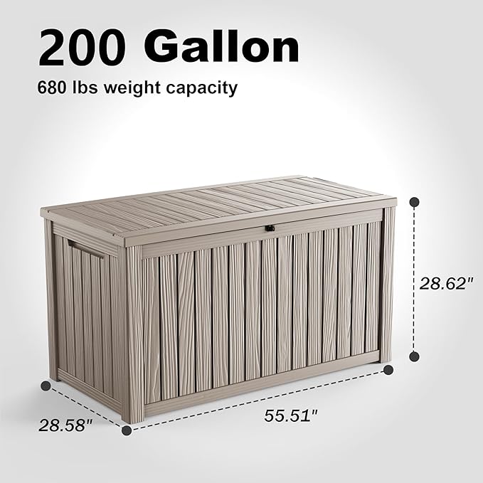 200 Gallon Large Deck Box,Resin Outdoor Storage Box with Lockable for Patio Furniture, Garden Tools Waterproof Outside Storage Box, (Grey)