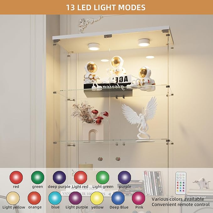 Beauty4U Glass Display Cabinet with Lights, 5 Shelves with 2 Doors, Curio Cabinets for Living Room, Bedroom, Office, White Floor Standing Glass Bookshelf, Quick Installation