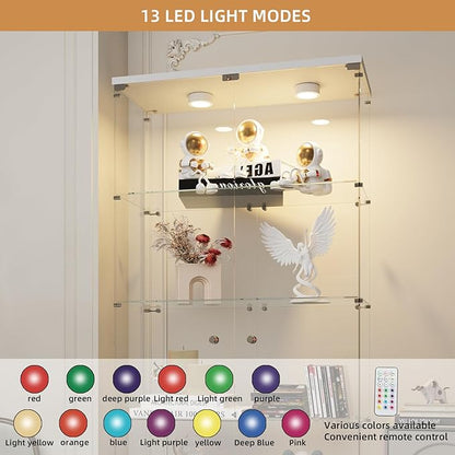 Beauty4U Glass Display Cabinet with Lights, 5 Shelves with 2 Doors, Curio Cabinets for Living Room, Bedroom, Office, White Floor Standing Glass Bookshelf, Quick Installation