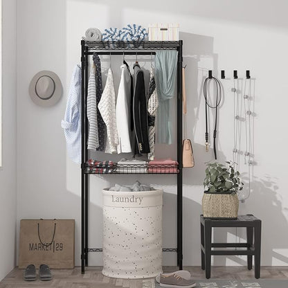 Xiofio Washer and Dryer Storage Shelf,Clothes Drying Rack,2 Tier Adjustable Height Storage Wire Basket with 2 Side Hook Laundry Shelves Used for Bathroom, Bedroom,Balcony,Black