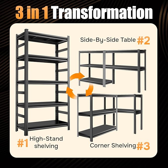 71.2" H Garage Shelving, 5 Tier Storage Shelves Load 3000 lbs, Adjustable Garage Shelves, Metal Shelving Unit for Warehouse, Basement, Pantry, 35.4" Wx 15.7" D x 71.2" H, Black