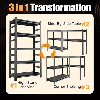 71.2" H Garage Shelving, 5 Tier Storage Shelves Load 3000 lbs, Adjustable Garage Shelves, Metal Shelving Unit for Warehouse, Basement, Pantry, 35.4" Wx 15.7" D x 71.2" H, Black