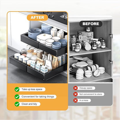 1 Pack Pull Out Cabinet Drawer, Width (11.4"-18.9") & Depth (16.3"-21.6") Expandable Slide Out Cabinet Organizer with Nano Film, No Drill Storage Shelves for Kitchen, Pantry, Bathroom (Black)
