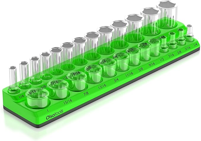 Olsa Tools Magnetic Socket Organizer | 3/8-inch Drive | SAE | Green | Holds 26 Sockets | Professional Quality Tools Organizer