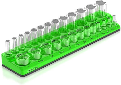 Olsa Tools Magnetic Socket Organizer | 3/8-inch Drive | SAE | Green | Holds 26 Sockets | Professional Quality Tools Organizer