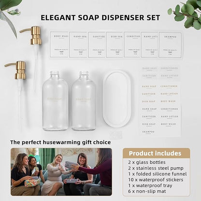 Glass Soap Dispenser - Dish Hand Soap Dispenser Set for Kitchen, Bathroom Soap Lotion Dispenser with 304 Rust Proof Pump, Tray, Clear Bottle/Gold Pump