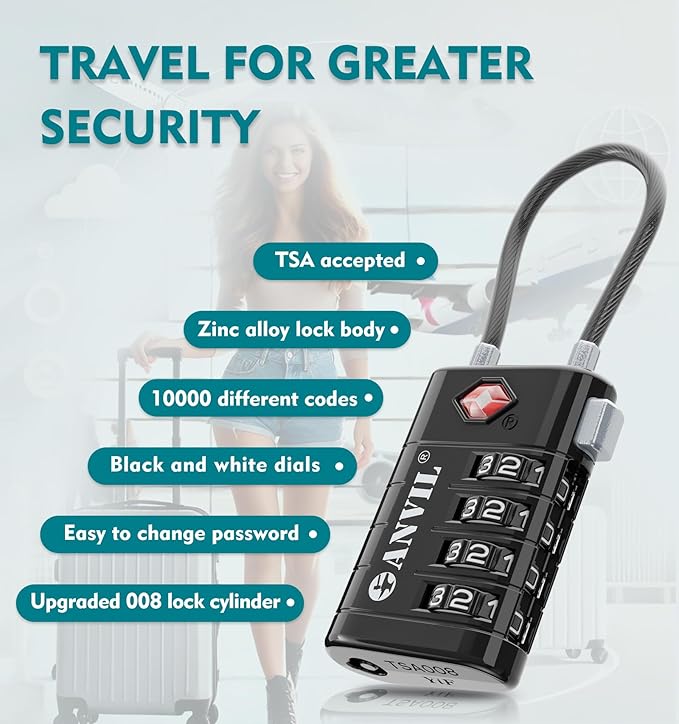 ANVIL 4 Digit Luggage Locks, TSA Locks for Luggage, Advanced TSA008 core, Alert Indicator for Your Travel Lock, Suitcase Lock. (8, Black)
