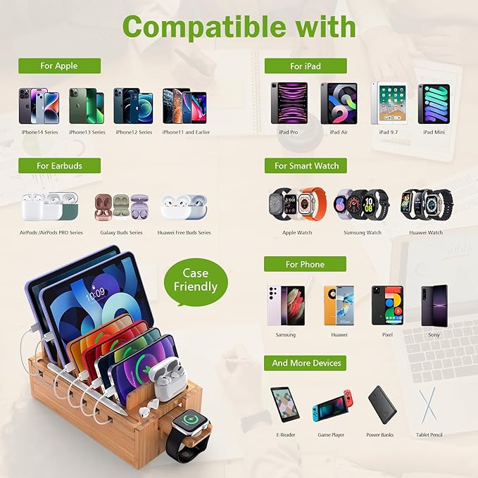 Pezin & Hulin Bamboo Charging Station for Multiple Devices with 5 Port USB Charger, 5 Cables and Watch Stand. Wood Desktop Docking Stations Organizer for Cell Phone, Tablet, Watch, Office Accessories
