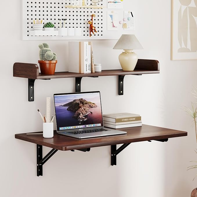 Nisorpa 2 Layers Wall Mounted Folding Table, 32" x 18" Foldable Work Table with Shelf Heavy Duty Fold Down Desk Space Saving Foldable Workbench for Home Office Laundry Kitchen Workshop, Garage