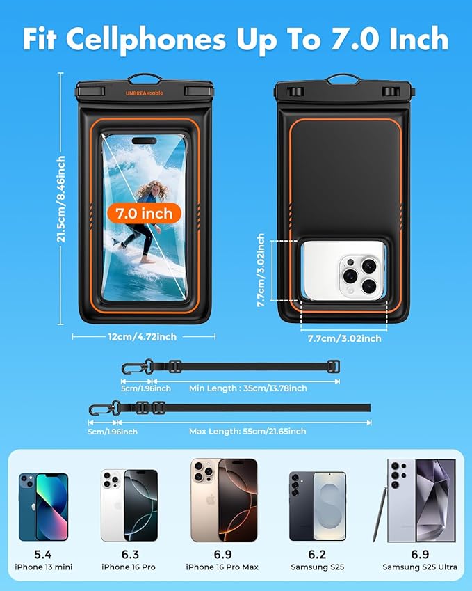 UNBREAKcable Floating Waterproof Phone Pouch 2 Pack, IPX8 Waterproof Phone Case Dry Bag Kayak/Beach/Cruise Travel Essentials, Water Proof Pouch for iPhone 16 15 Pro Max, Samsung S25 Ultra S24 S23-7