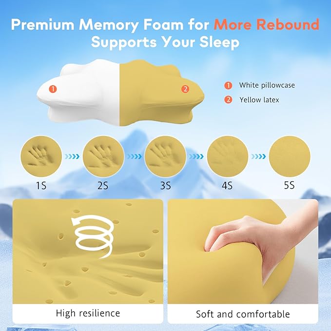 Dual-Height Cervical Neck Pillow for Pain Relief, Memory Foam Pillows with Cooling Tech -3D Ergonomic Support, Cooling Cover, for Side/Back/Stomach Sleeper Pillow, Minimalist Style - White