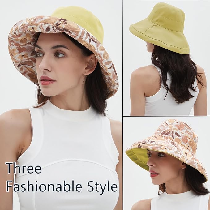 vidsel Womens Sun Hats Wide Brim Reversible Bucket Cotton Hat Packable Summer Travel Cap with Hat Clip,UV Protection