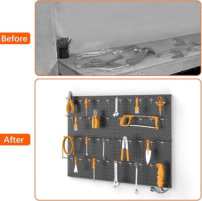 TORACK Metal Pegboard Panels and Hooks for Garage, Workbench, Shop, Shed Tool Organizer Peg Board with 1/8" & 1/4" Holes, Modular Wall-Mounted Pegboard with Pegboard Hooks(Black)