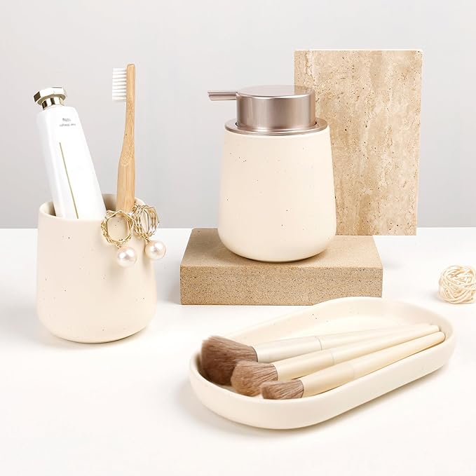 BosilunLife Bathroom Accessories Set 3 pcs - Bathroom Ceramic Foaming Soap Dispenser Set Farmhouse Bathroom Decor, Foam Soap Dispenser and Toothbrush Holder with Tray