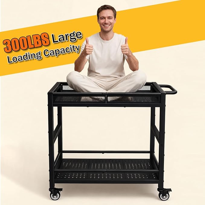 300LBS Heavy Duty Service Utility Cart on Wheels, Metal Rolling Utility Cart with Fences, 2-Tier Service Carts for Garage Garden Warehouse Tool House, Black, 360° Swivel, Ergonomic Handle, Sturdy