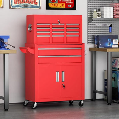 8-Drawer Rolling Tool Chest with Lock, Detachable Tool Cabinet Cart with Wheels, High-Capacity Mechanic Tool Organizer for Garage Workshop Warehouse Storage