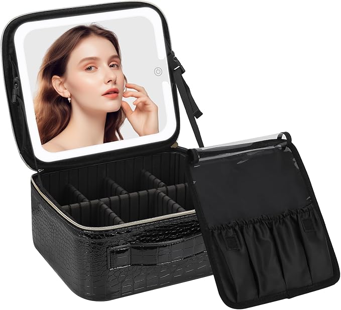 Chomeiu Makeup Bag with LED Mirror, Travel Makeup Case for Women and Makeup Artists Cosmetic Organizer Large Make Up Bags with Light Up Mirror, 3 Color Lights, Adjustable Dividers, Crocodile Pattern