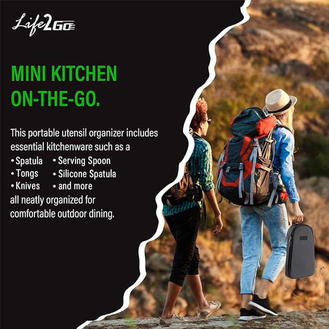 Life2Go 12 Piece Camp Cooking Utensil Set & Outdoor Kitchen Gear Cookware Kit, Portable Compact Carry Case for Camping, Hiking, Travel, BBQ Grilling Stainless Steel Accessories Spoon & Fork, Gray