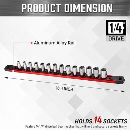 ALOANES 1/4-Inch Drive Magnetic Socket Organizer, Heavy Duty Aluminum Socket Rail Organizer, 360° Swivel Clips Socket Holder Kit for Tool Box, 1/4-Inch Socket Holder x 14 Clips (Red)