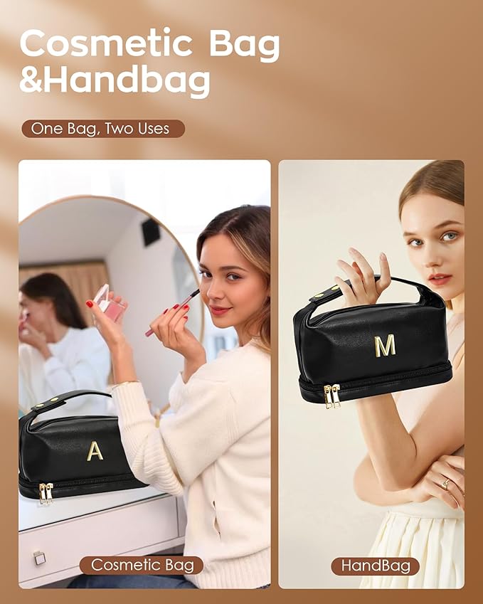 Gift for Her, Personalized Makeup Bags with Handle, Waterproof Double Layer Cosmetic Bag, PU Leather Makeup Bags Letter Travel Toiletry Bag with Makeup Brush Organizer