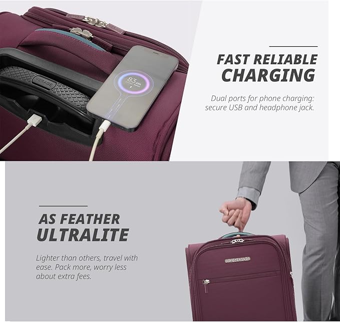Verage Under Seat Luggage with Wheels，Softside Small Suitcase Spinner Carry On Luggage Bags for Airlines Airplanes Short Trip Men Women (Grape red, 14-Inch Underseat)