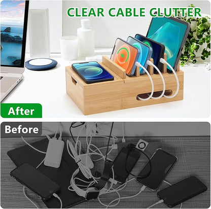 Bamboo Charging Station for Multiple Devices, Desktop Charger Organizer with Tray& Drawer, Wooden Docking Station for Smart Devices, Cell Phone, Tablet,Watch (Include 6 Cables, 5 Port USB Charger)