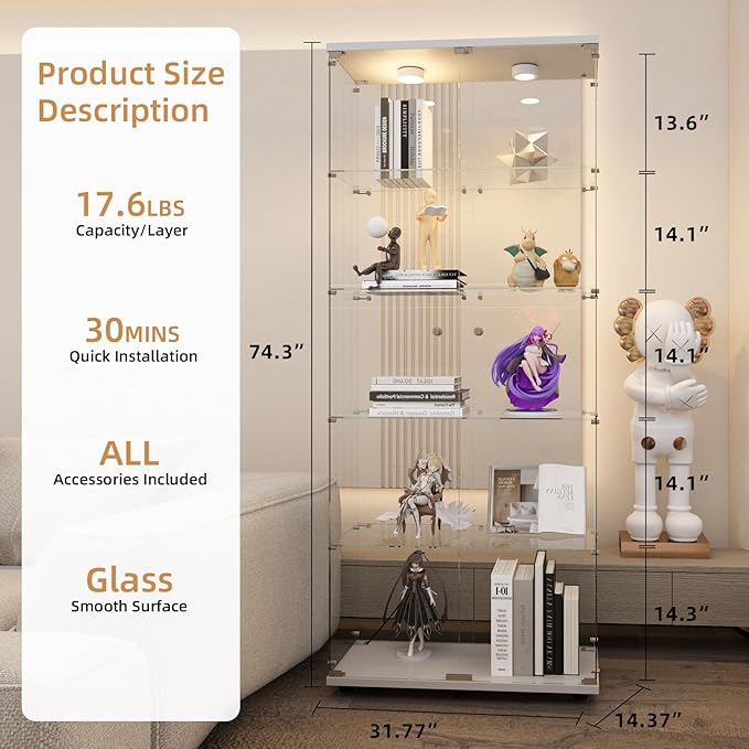 Beauty4U Glass Display Cabinet with Lights, 5 Shelves with 2 Doors, Curio Cabinets for Living Room, Bedroom, Office, White Floor Standing Glass Bookshelf, Quick Installation