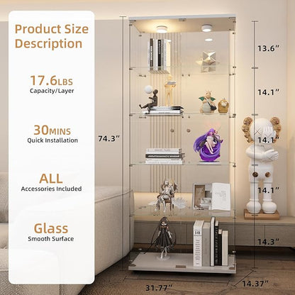 Beauty4U Glass Display Cabinet with Lights, 5 Shelves with 2 Doors, Curio Cabinets for Living Room, Bedroom, Office, White Floor Standing Glass Bookshelf, Quick Installation