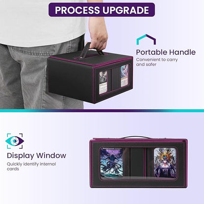 Card Deck Box for MTG with Commander Display, 5 in 1 Card Storage Box Fits 400+ Double-sleeved Cards, Deck Case for TCG Sports Cards with Dividers, Dice Tray, Magnetic Card Holders, Black Purple