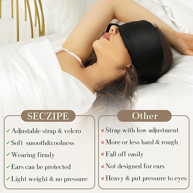 100% Mulberry Silk Sleep Mask Eye Mask for Women Man with Adjustable Band, for Side Sleeper Blackout Sleep Mask for Travel Rest and Office Large Size (Black)