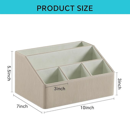 Remote Control Holder with 5 Compartments for Office Art Supplies, PU Leather Nightstand Organizer Pencil Pen Desk Caddy for Home, Desktop TV Remote Control Organizer Storage (Striped Beige)