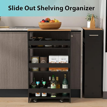 POWERSTONE 4-Tier Slim Storage Cart, Narrow Kitchen Rolling Cart w/Handle & Open Shelves, Skinny Slide Out Utility Organizer Trolley for Kitchen Bathroom Laundry Small Spaces Black & Natural