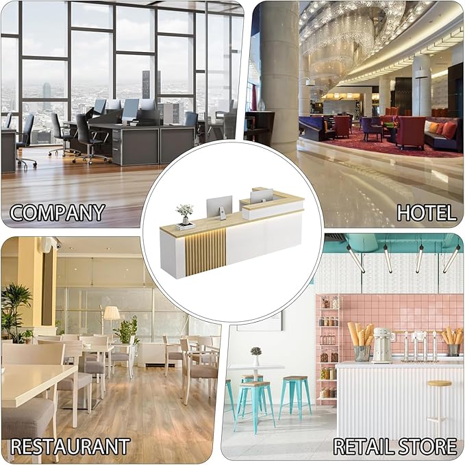 Receptionist Desk with LED Light，Wooden Salon Checkout Counter with Storage Drawer & Keyboard Tray Modern L-Shaped Reception Desk for Barbershop Office Company Store