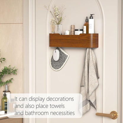 Coat Rack Wall Mount with Hidden Hooks Modern Key Holder Wood Entryway Hook with Shelf for Bedroom Kitchen Hallway Bathroom Designed for Hanging Coats Hats Bags Towel Dog Leashe(Walnut,4 Hooks)