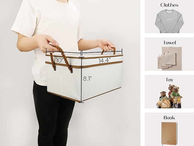 LoforHoney Home Fabric Storage Bins with Lids for Organizing, Foldable Closet Storage Boxes for Shelves, Clothes Baskets with Cotton Rope Handles, Large, Beige & Brown, 2-Pack