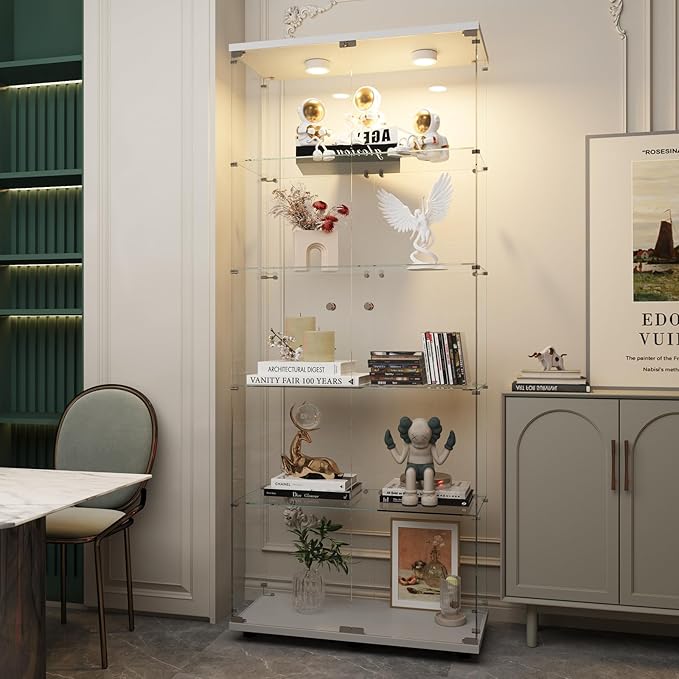 Beauty4U Glass Display Cabinet with Lights, 5 Shelves with 2 Doors, Curio Cabinets for Living Room, Bedroom, Office, White Floor Standing Glass Bookshelf, Quick Installation