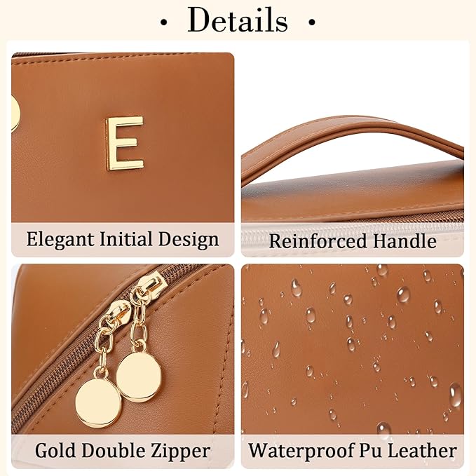 Birthday Gifts for Women Teen Girl, Personalized Initial Makeup Organizer Bag Set, Open Flat Travel Cosmetic Bag With Clear Divider and Handle(Brown,E)