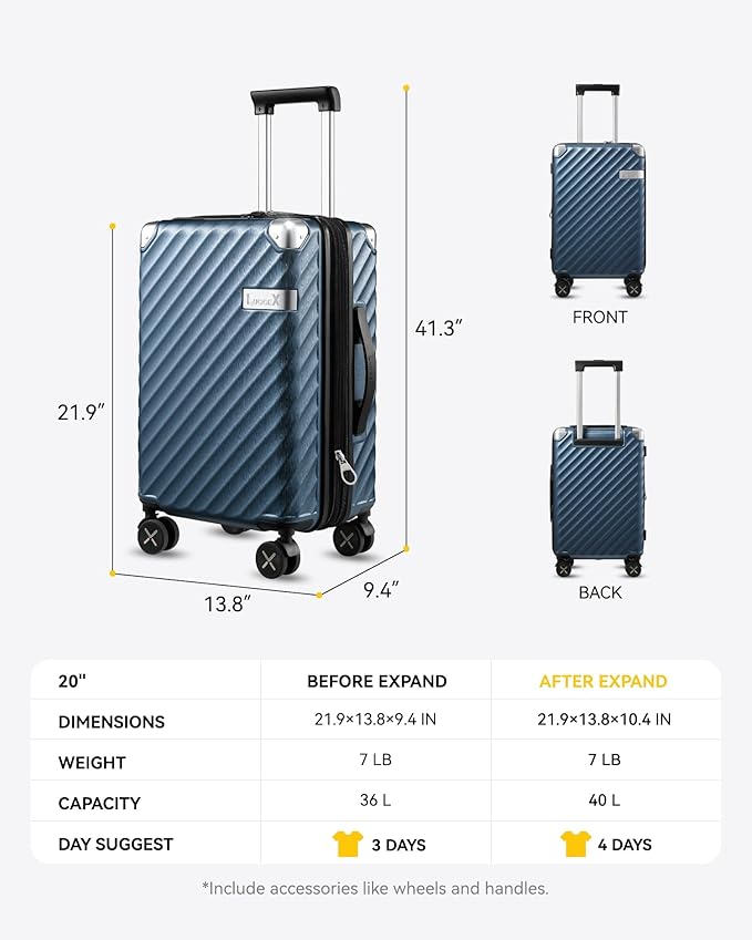 LUGGEX Luggage with Spinner Wheels, Polycarbonate Expandable Hard Shell Suitcase, Carry On 20 Inch, Blue